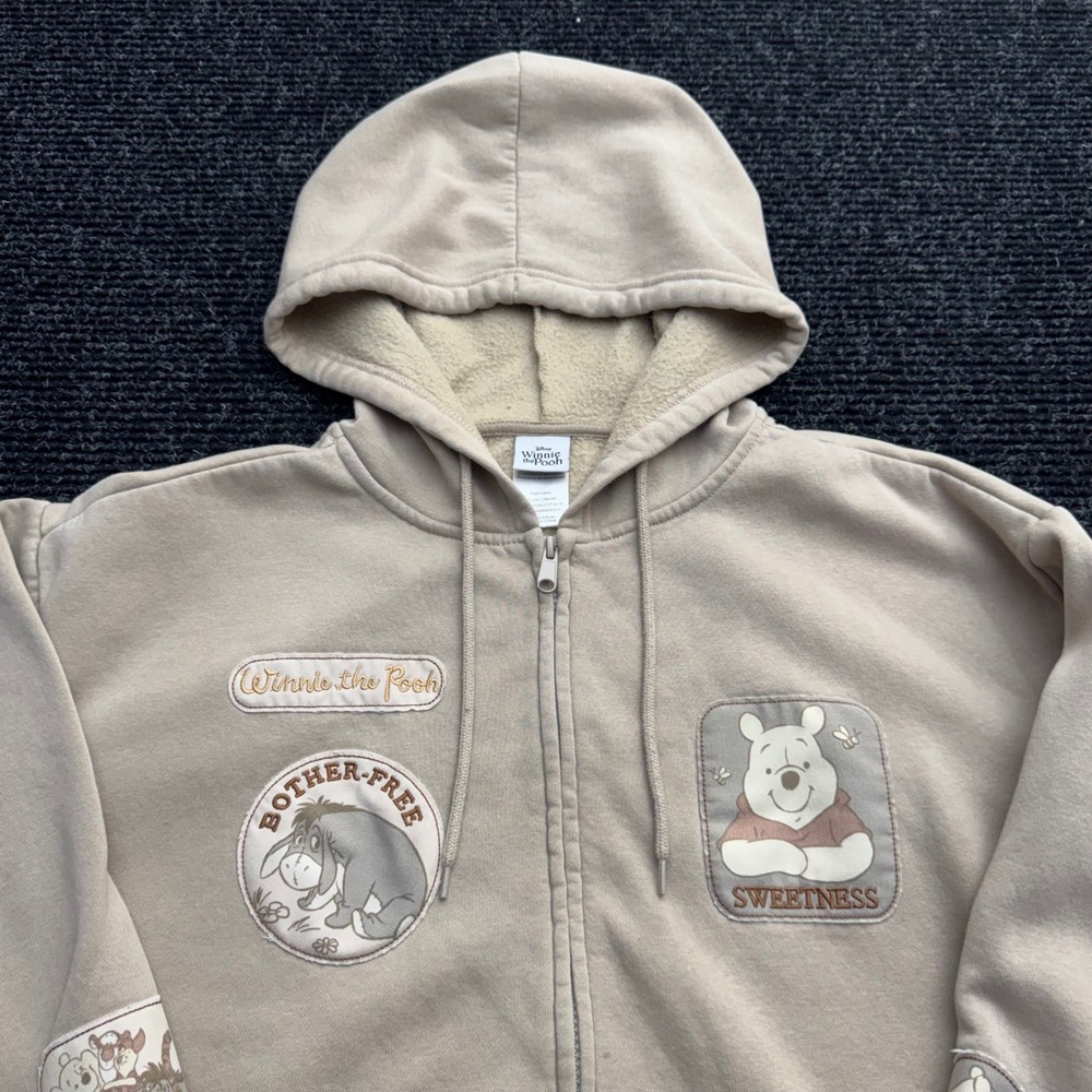 Disney Winnie the Pooh Eeyore Full Zip Hoodie Tan Beige Character Patch Large - Picture 11 of 16
